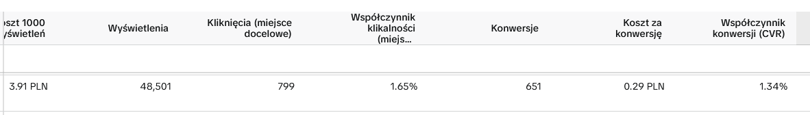 Panel kampanii TikTok Ads: 48 501 wyświetleń, 799 kliknięć, CTR 1,65 procent i koszt 3,91 zł za 1000 wyświetleń